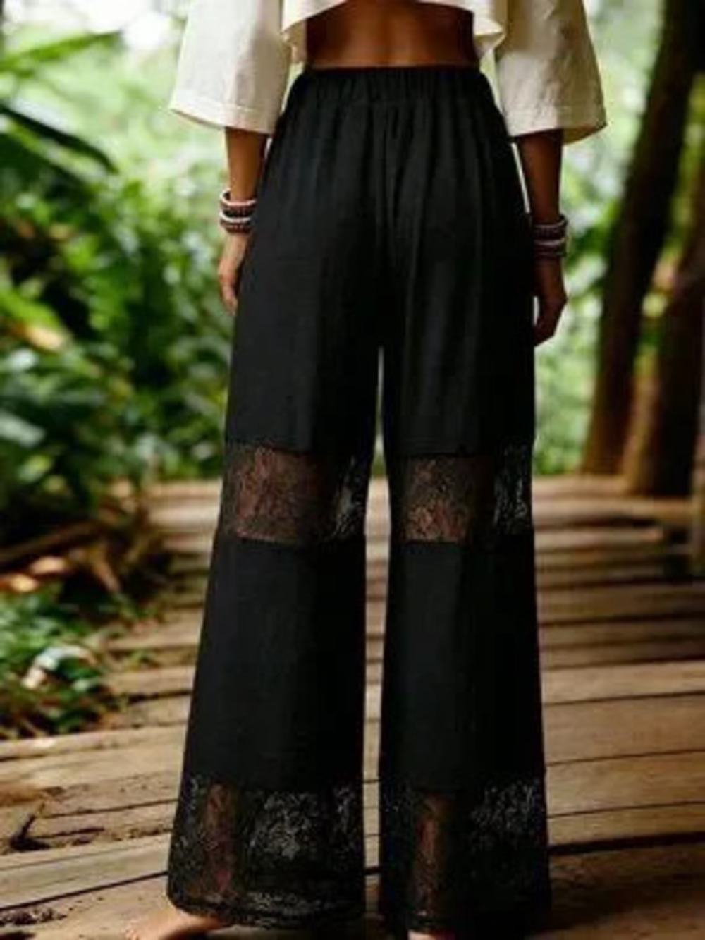 ZARA Black Boho Women's Elastic Straight Leg Lace Patchwork Pants